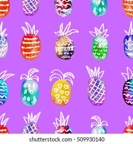 Vector watercolor seamless pattern with colorful rainbow pinapple and light hand-drawn elements. On violet background. Creative design. Modern style. Red, green, yellow, orange color