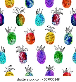 Vector watercolor seamless pattern with colorful rainbow pinapple and black hand-drawn elements. On white background. Creative design. Modern style. Red, green, yellow, orange color