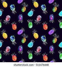 Vector watercolor seamless pattern with colorful rainbow pinapple and light hand-drawn elements. On blue background. Creative design. Modern style. Grouped and isolated