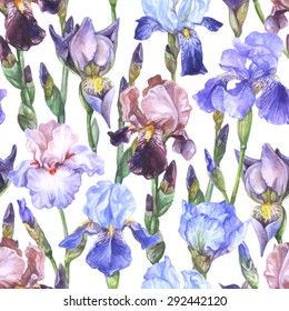 Vector watercolor seamless pattern with different iris flowers - blue, violet, purple and pink