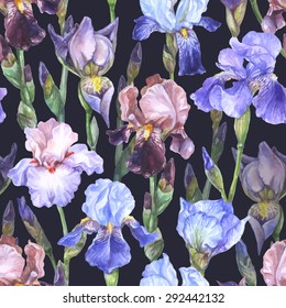 Vector Watercolor Seamless Pattern With Different Iris Flowers - Blue, Violet, Purple And Pink On Dark Background