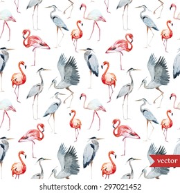 vector watercolor seamless pattern flamingos and herons, cranes