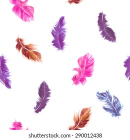 Vector watercolor seamless pattern. Flying feather in romantic purple and pink colors colors on white background.