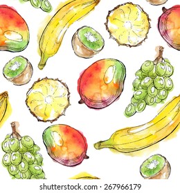 Vector watercolor seamless pattern with fruits: grapes, banana, mango, pineapple, kiwi