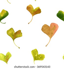 vector watercolor seamless pattern with green leaves of ginkgo, hand drawn natural background