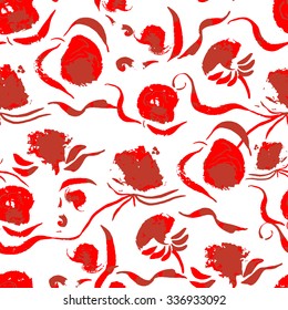 Vector watercolor seamless pattern with grunge roses. Floral background with messy flowers. Spring ornament with acrylic floral blobs. 