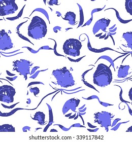 Vector watercolor seamless pattern with grunge roses. Floral background with messy flowers. Spring ornament with acrylic floral blobs. 