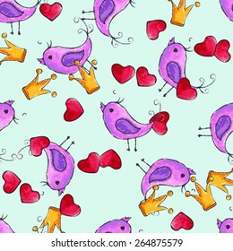 vector watercolor seamless pattern with heart, crown, bird