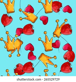 vector watercolor seamless pattern with heart, crown, flower