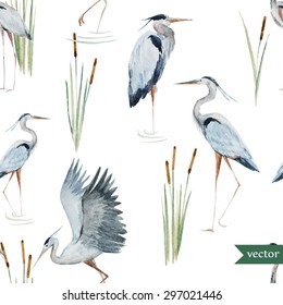 Vector Watercolor Seamless Pattern Heron, Reeds