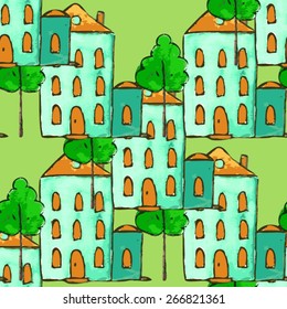 vector watercolor seamless pattern with houses