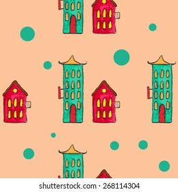 vector watercolor seamless pattern with houses