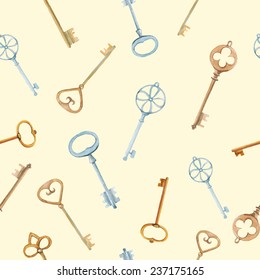 vector watercolor seamless pattern with keys.  It can be used for wallpaper, fabric design, textile design, cover, wrapping paper, banner, card, background