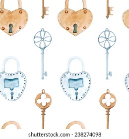 vector watercolor seamless pattern with keys and locks.  It can be used for wallpaper, fabric design, textile design, cover, wrapping paper, banner, card, background