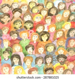 Vector watercolor seamless pattern many faces of children and teenagers in colorful clothes of different ages and nationalities.