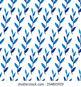 Vector watercolor seamless pattern on the white background. Blue leaves pattern. Watercolor background