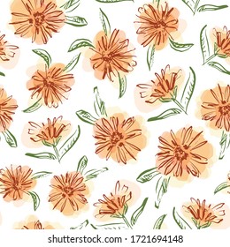 Vector watercolor seamless pattern with orange flowers. Calendula illustration. Botanical hand drawn design of medicinal plant.