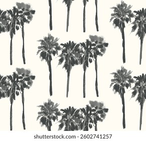vector watercolor seamless pattern palms. Seamless pattern with palm trees scenery. Tropical plant painting wallpaper texture. summer vacation vintage art style