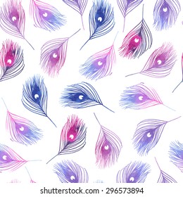 vector watercolor seamless pattern with peacock feathers. Boho style