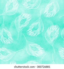 vector watercolor seamless pattern with peacock feathers. Boho style