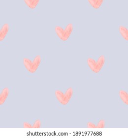 Vector watercolor seamless pattern with pink hearts, cute love texture on blue background