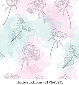 Vector watercolor seamless pattern with roses, pink and turquoise background