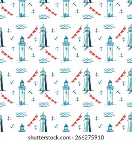 Vector watercolor seamless pattern of sea with lighthouse