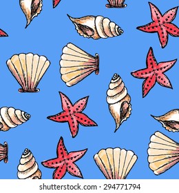 vector watercolor seamless pattern with seashell