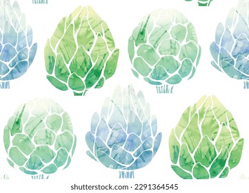 Vector watercolor seamless pattern with silhouette of artichokes on white background in row. Texture with green cabbage vegetable with paint splash. Natural healthy food background for fabric.
