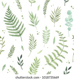 Vector watercolor seamless pattern. Spring is coming. Botanical background with green leaves, branches and herbs. Floral Design elements. Perfect for invitations, cards, textiles, packing, fabric