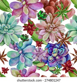 Vector watercolor seamless pattern of succulents.