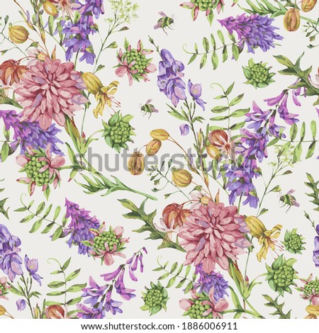 Vector watercolor seamless pattern with summer meadow flowers, wildflowers. Botanical floral greeting card. Medicinal flowers collection