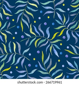 Vector watercolor seamless pattern with tropical leaves and dots on deep blue background 