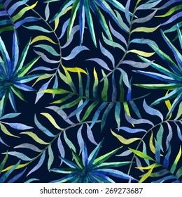 Vector watercolor seamless pattern with tropical palm and fern leaves on deep blue background 