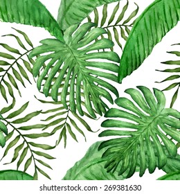 Vector watercolor seamless pattern with tropical leaves. 