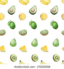 Vector watercolor seamless pattern with tropical fruits. 