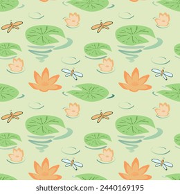 Vector watercolor seamless pattern with water lilies and flying butterflies . Hand draw style. Vintage pattern for decorative design. Vintage isolated element. Vector nature backdrop.