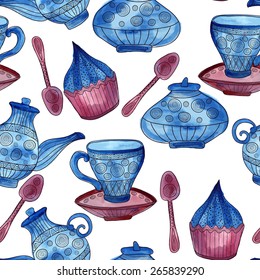 Vector Watercolor Seamless Tea Time Pattern, fully editable eps 10 file with clipping mask, seamless pattern in swatch menu, you can use elements separately
