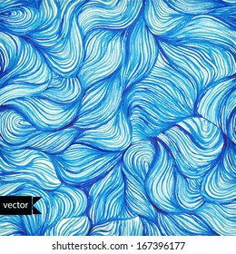 Vector watercolor seamless wave hand-drawn pattern, background (seamlessly tiling). Watercolor blue pattern. Hair.  Paints. Backdrop.