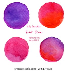 vector watercolor set of 4 round red and purple brush stains isolated on white background