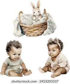 Vector watercolor set of black boy and girl, bunny in wickered basket. Clipart for greeting card, invitation, wedding card, post card, save the date, celebration, anniversary, birthday, party, gender 