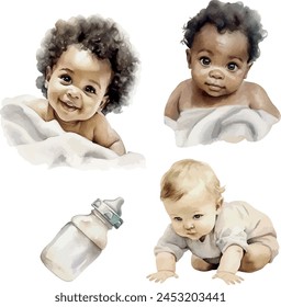 Vector watercolor set of black boy and white boy, bottle with pacifier. Clipart for greeting card, invitation, wedding card, post card, save the date, celebration, anniversary, birthday, party, gender