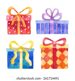 Vector watercolor set of blue, red, orange and purple gift boxes isolated on white