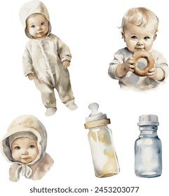 Vector watercolor set of boys, and white bottle with pacifier. Clipart for greeting card, invitation, baby shower, post card, save the date, celebration, gender party, birthday, party and print