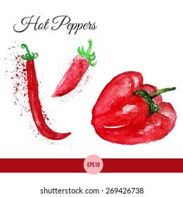 Vector watercolor set of bright red chili peppers isolated on white. EPS10.