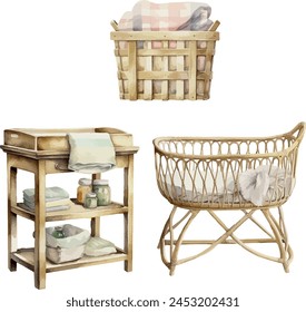 Vector watercolor set of changing table, basket, baby rattan crib