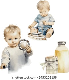 Vector watercolor set of children, baby cream, oil, toys. Clipart for greeting card, invitation, wedding card, post card, save the date, celebration, anniversary, birthday, party, gender party.
