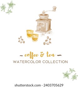 Vector watercolor set of coffee tea cups beans illustration collection for cards and designs