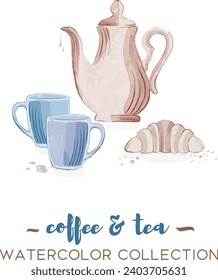 Vector watercolor set of coffee tea cups beans illustration collection for cards and designs
