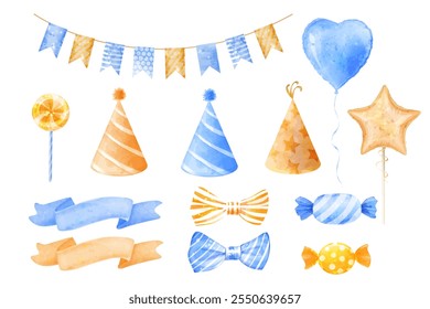 Vector watercolor set of cute elements in blue and yellow colors for holiday design